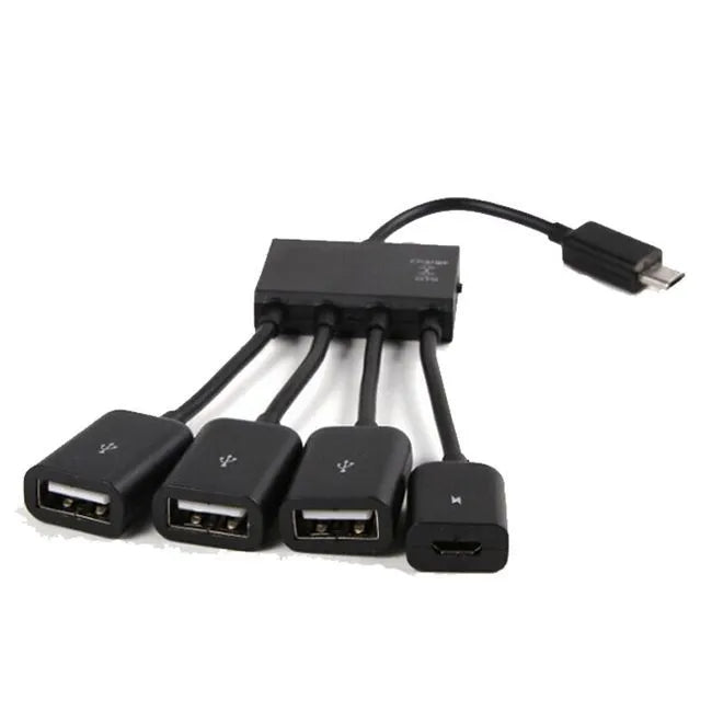 Black Micro USB OTG one-to-four adapter with charging switch, 0.25m cable, for Android phones and tablets.