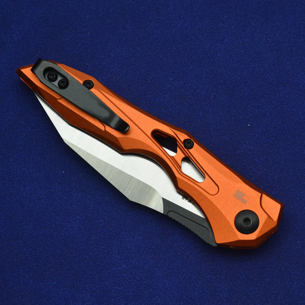 Black folding fruit knife with D2 steel blade and aviation aluminium handle open showing 19cm length
