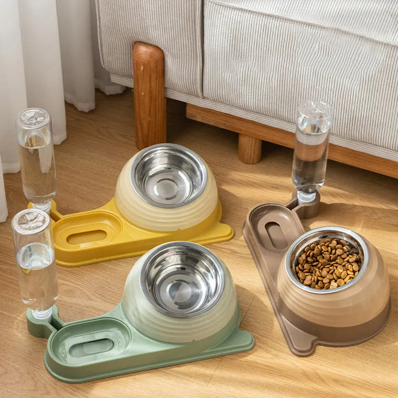 Elevated cat food bowl with automatic water dispenser in food-grade materials