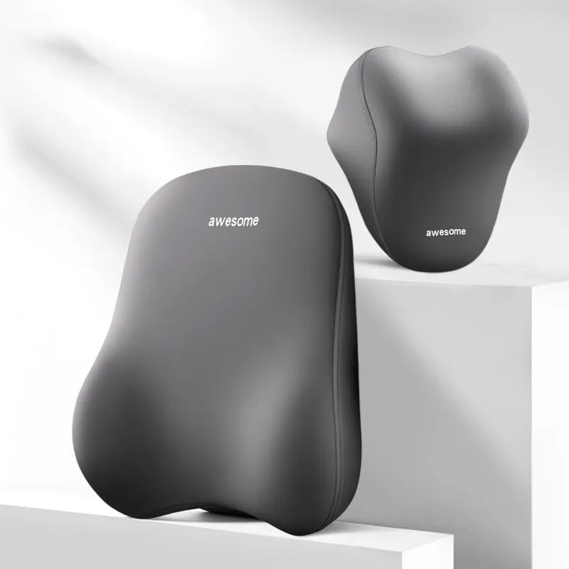 Automotive headrest and lumbar support pillow set in beige, black, and grey colour options.