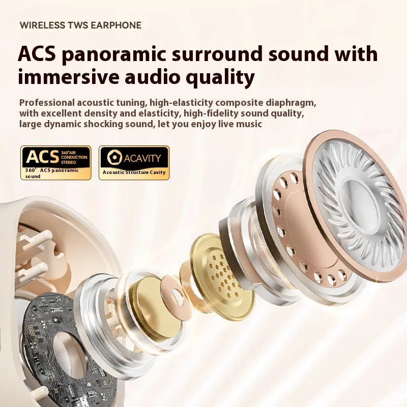 Ear-mounted headphones with digital display screen in black, white, or skin colour options
