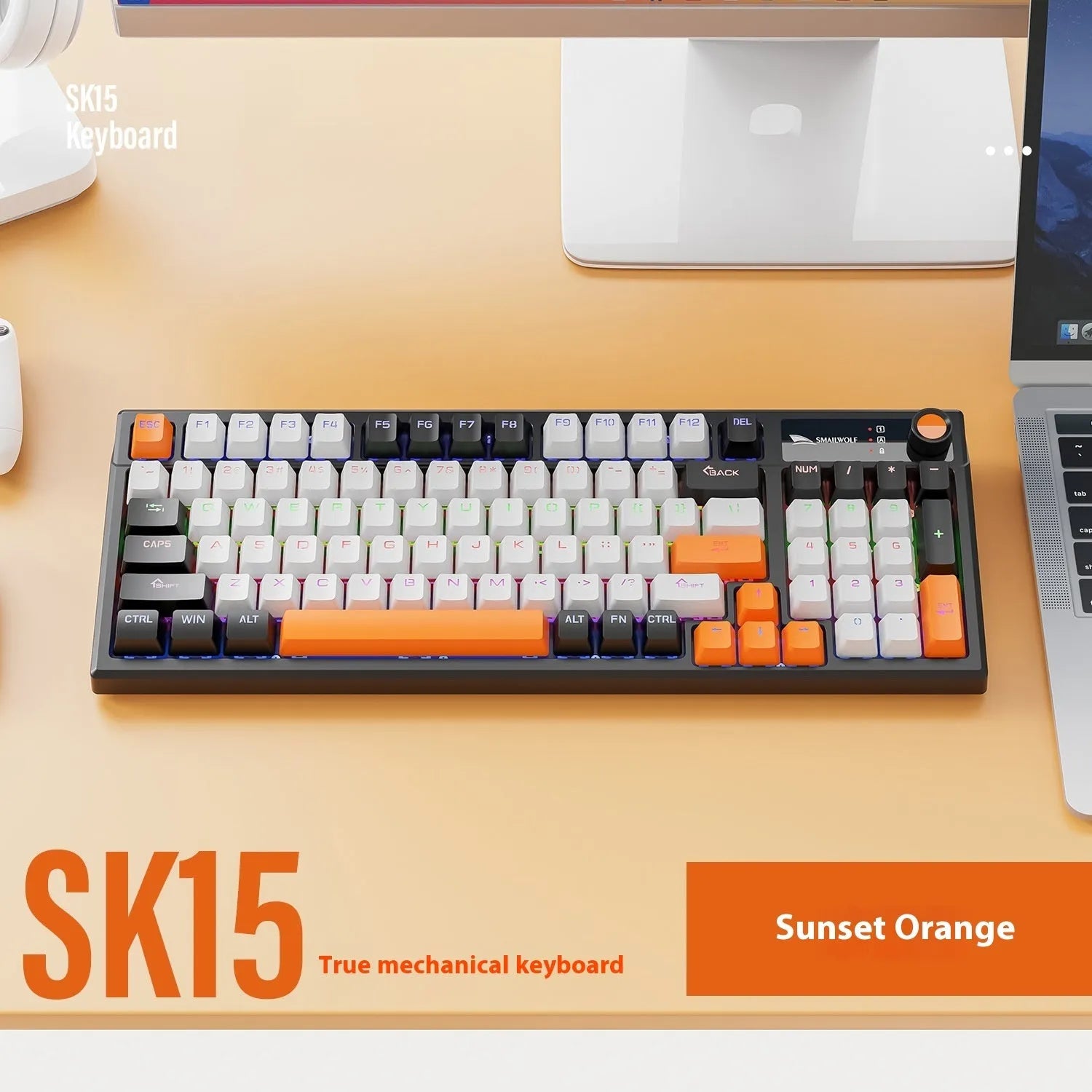 SK15 wired mechanical keyboard with volume knob in Black, Sunset Orange, or Autumn Water Blue colours