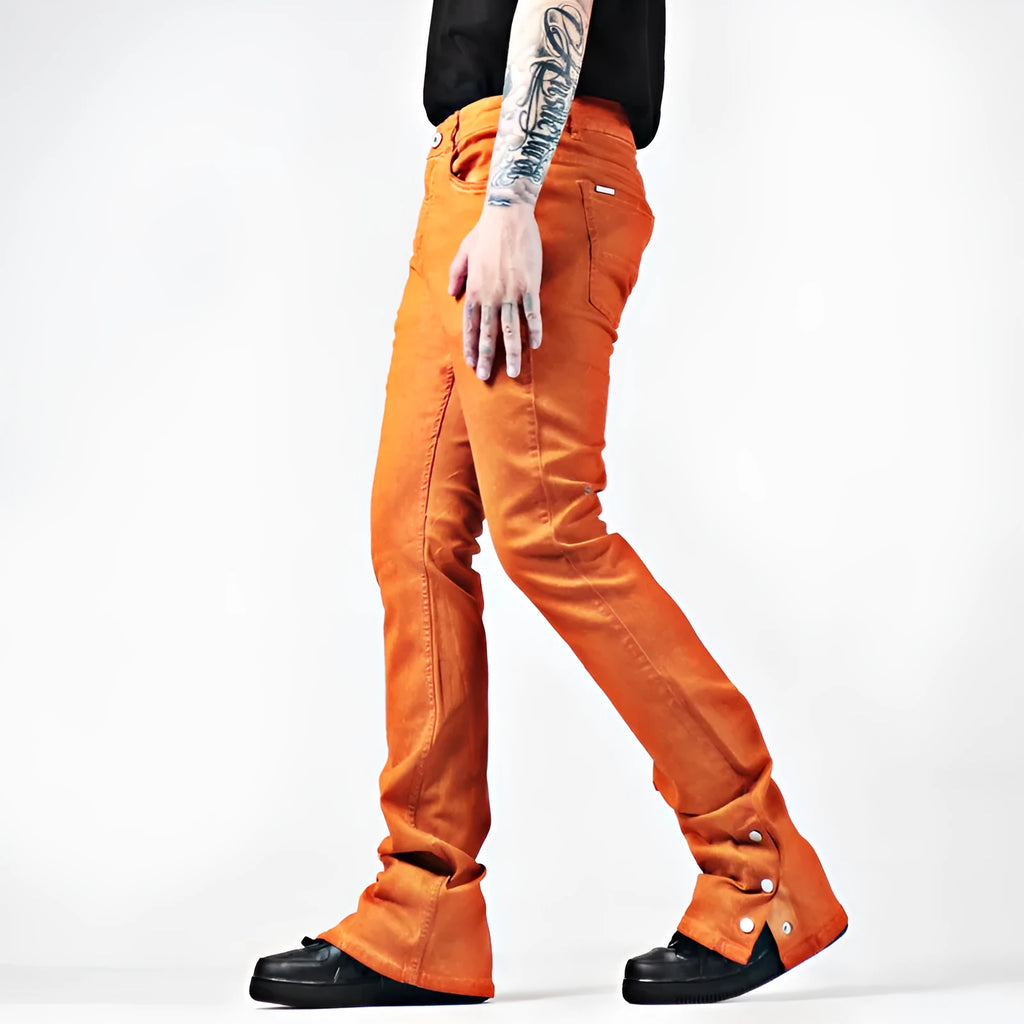 Elastic casual heavy duty flare jeans in cotton stretch denim, mid waist straight leg, available in multiple colours