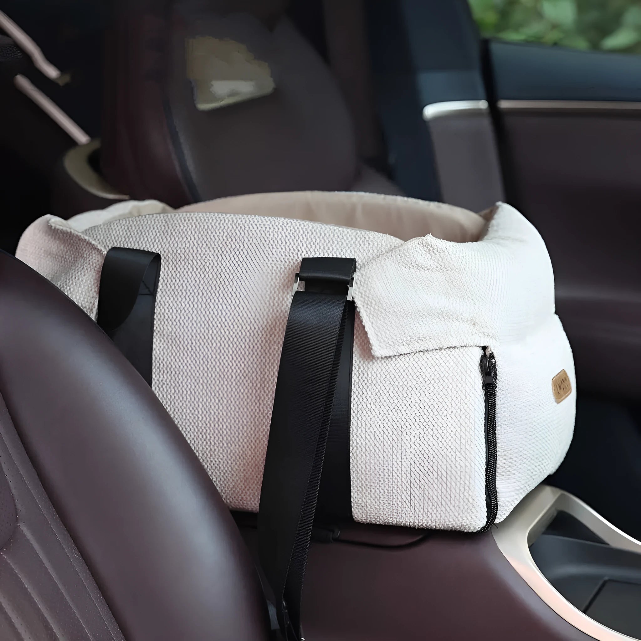 Beige white foldable pet car nest and bed for small dogs and cats