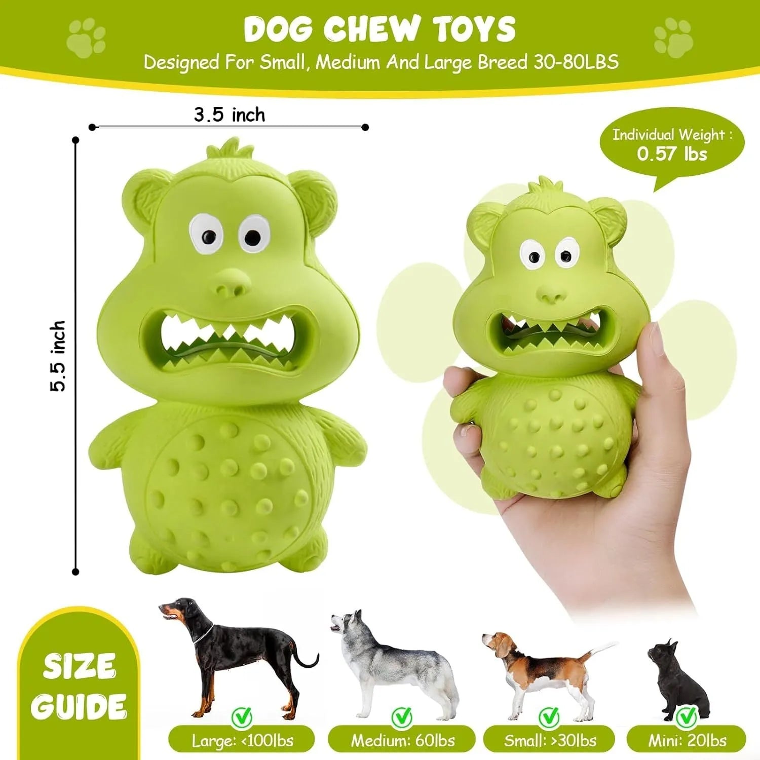 Green or yellow thick natural rubber squeaky dog toy for large breed aggressive chewers.