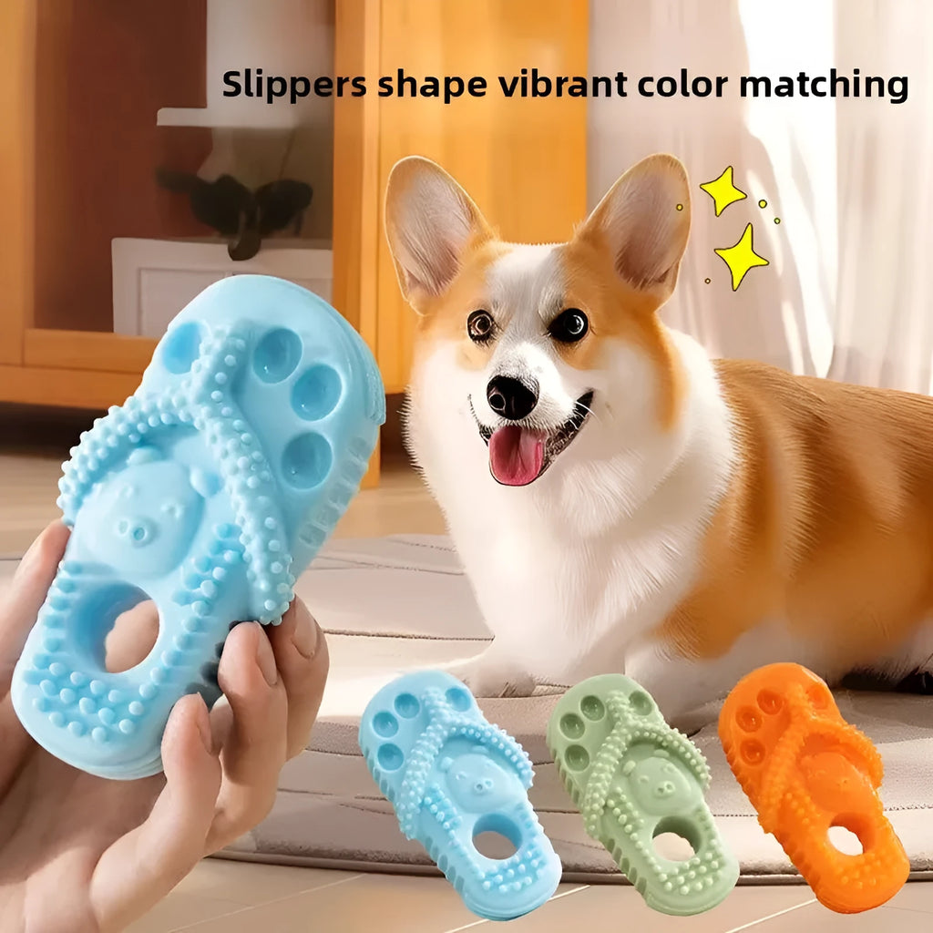 Blue rubber dog chewing toy slipper for teething puppies, durable and safe for oral health
