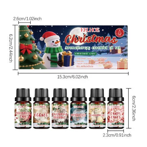 Christmas aromatherapy oil set showing six 60ml bottles for home fragrance