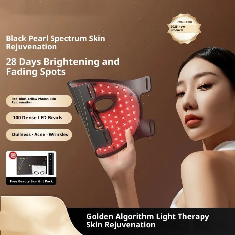 Black rechargeable LED face mask with remote control for red, yellow, and blue light home facial skin care