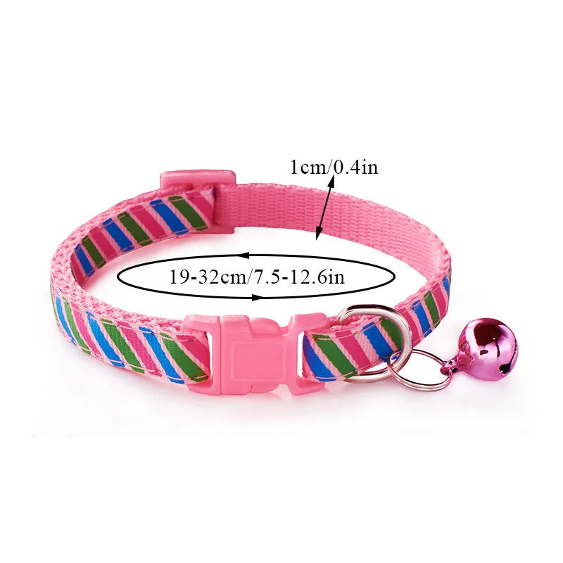 Twill printed cloth pet collar with bell, 1.0cm wide, adjustable 19-32cm, multiple colours
