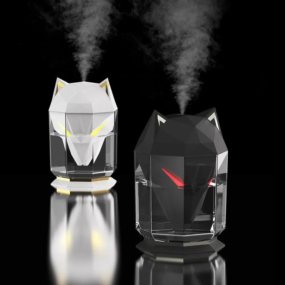 War Wolf black or white ultrasonic desktop humidifier with colourful LED lights and USB cable