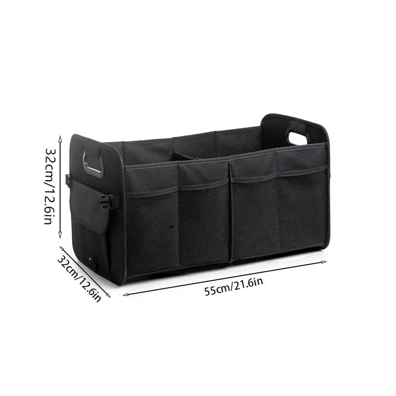 Foldable black multi-compartment car trunk storage box with handle