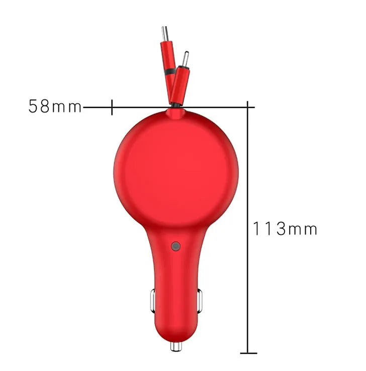 Black retractable dual fast car charger with extended cables and three charging heads on a car seat