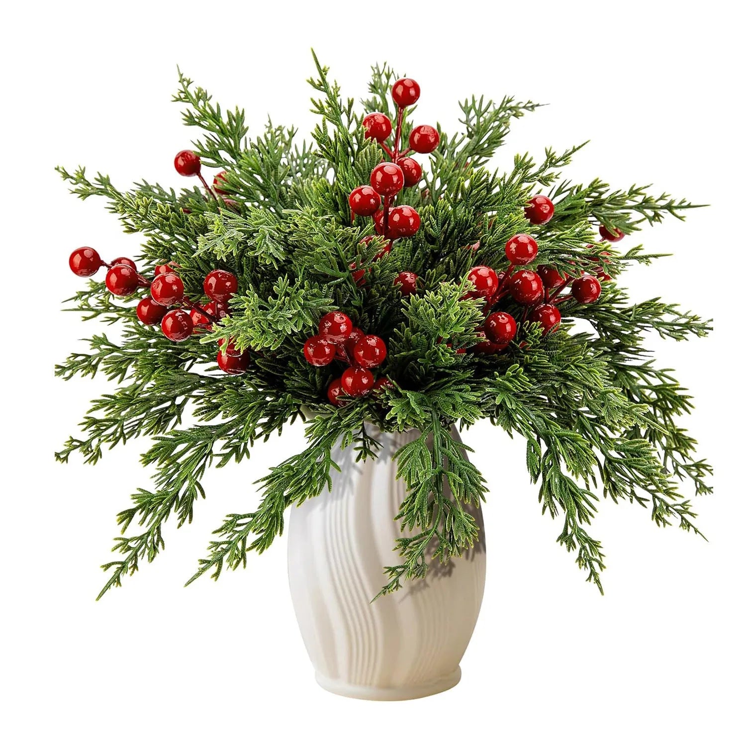 Artificial flower arrangement with 45 plastic stems including green pine branches and red berries at 20cm height
