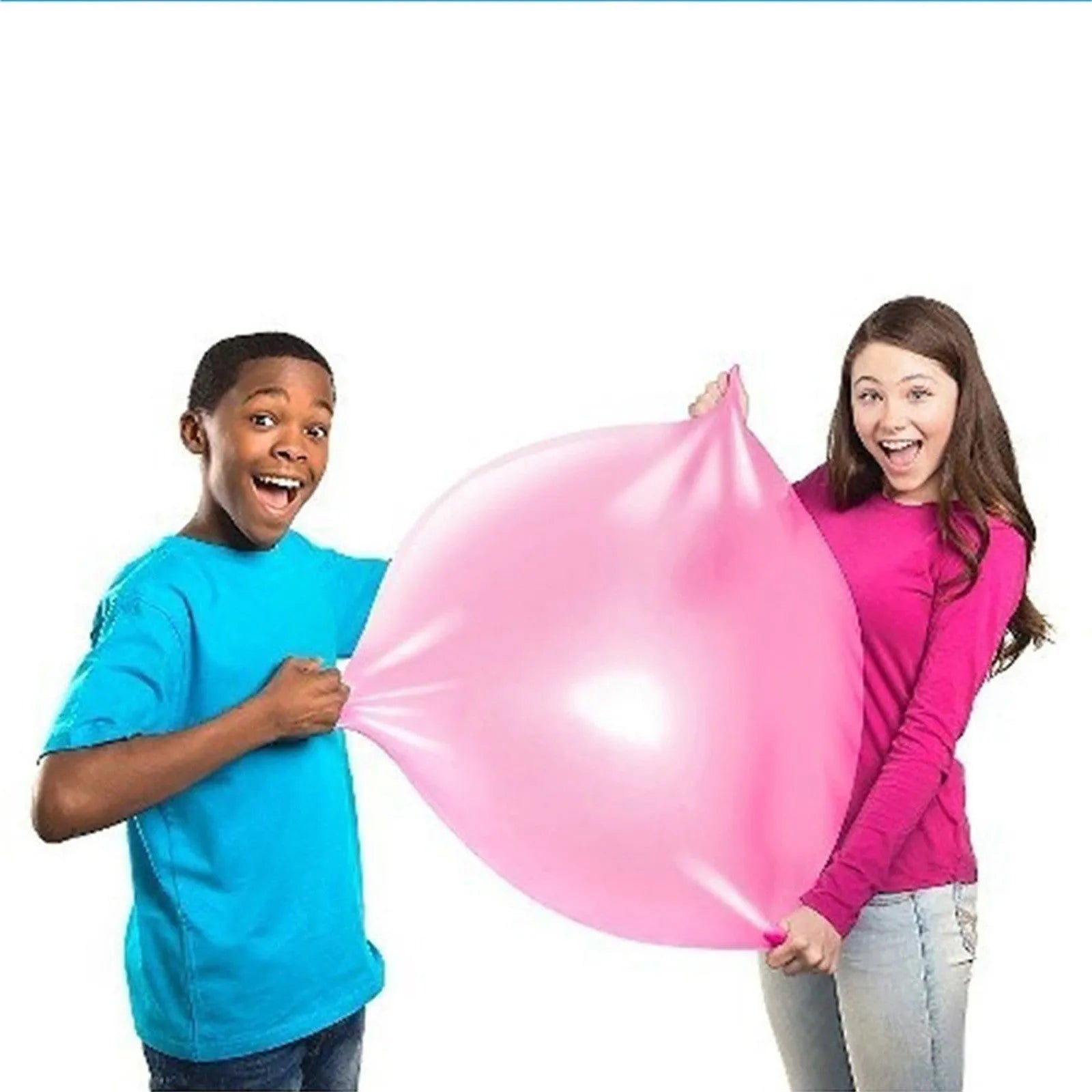Large pink TPR inflatable bouncy ball for children's outdoor play, shown with a pump