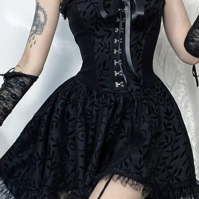 Black gothic flocking bra trailing dress with bow detail sleeveless nylon