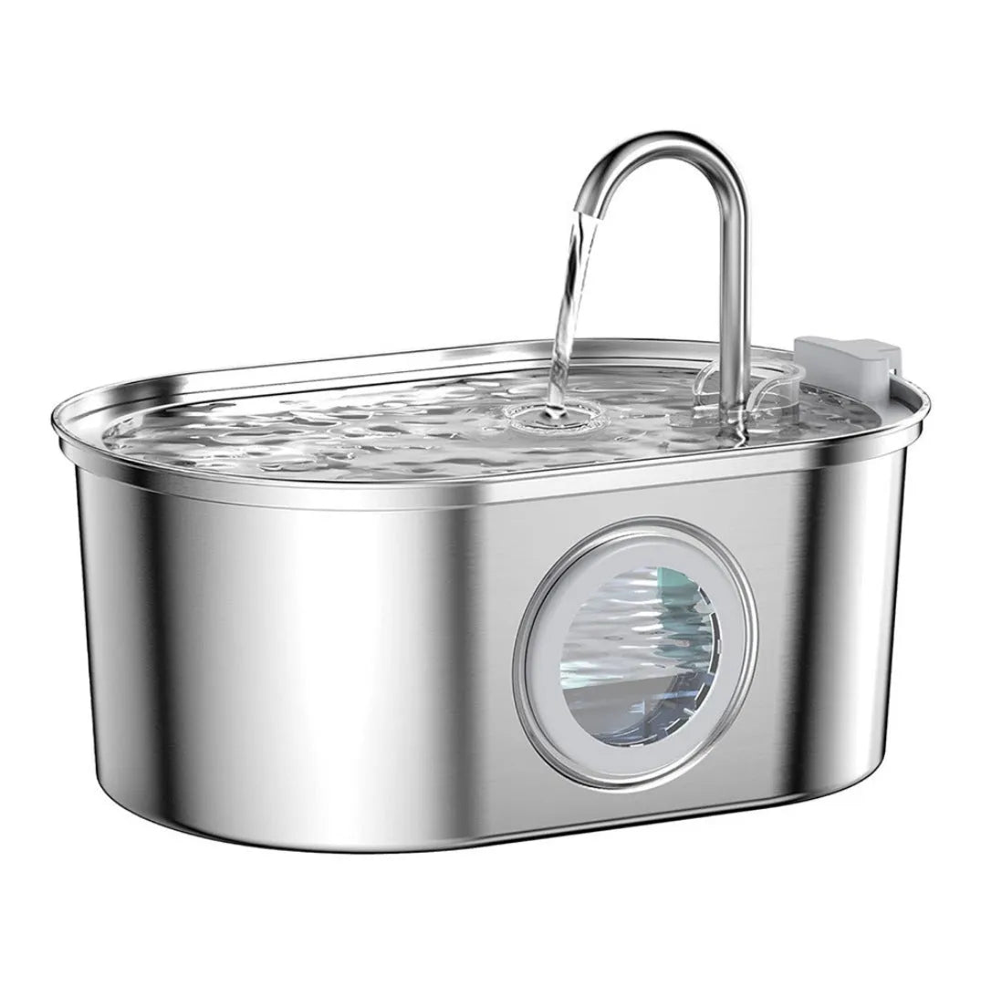 Stainless steel round pet water dispenser with large reservoir and selectable faucet attachment