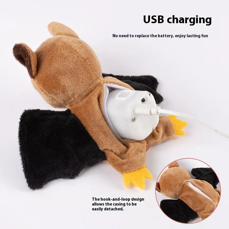 Rechargeable pet electric sound cat plush toy with swing wings in Halloween bat style