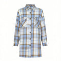 Women's lapel plaid pocket long sleeve shirt jacket in blue, polyester, casual cardigan style