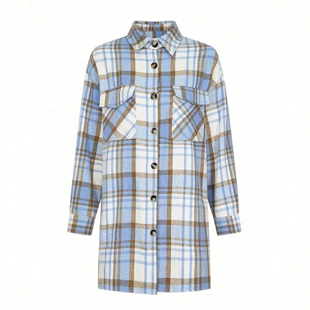 Women's lapel plaid pocket long sleeve shirt jacket in blue, polyester, casual cardigan style