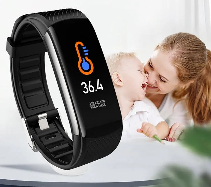 Smart bracelet body temperature monitor with 0.96 inch screen and TPU wristband in black, blue, pink, red, or white.