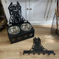 Personalised dog food bowl holder with custom name on iron stand and stainless steel bowl
