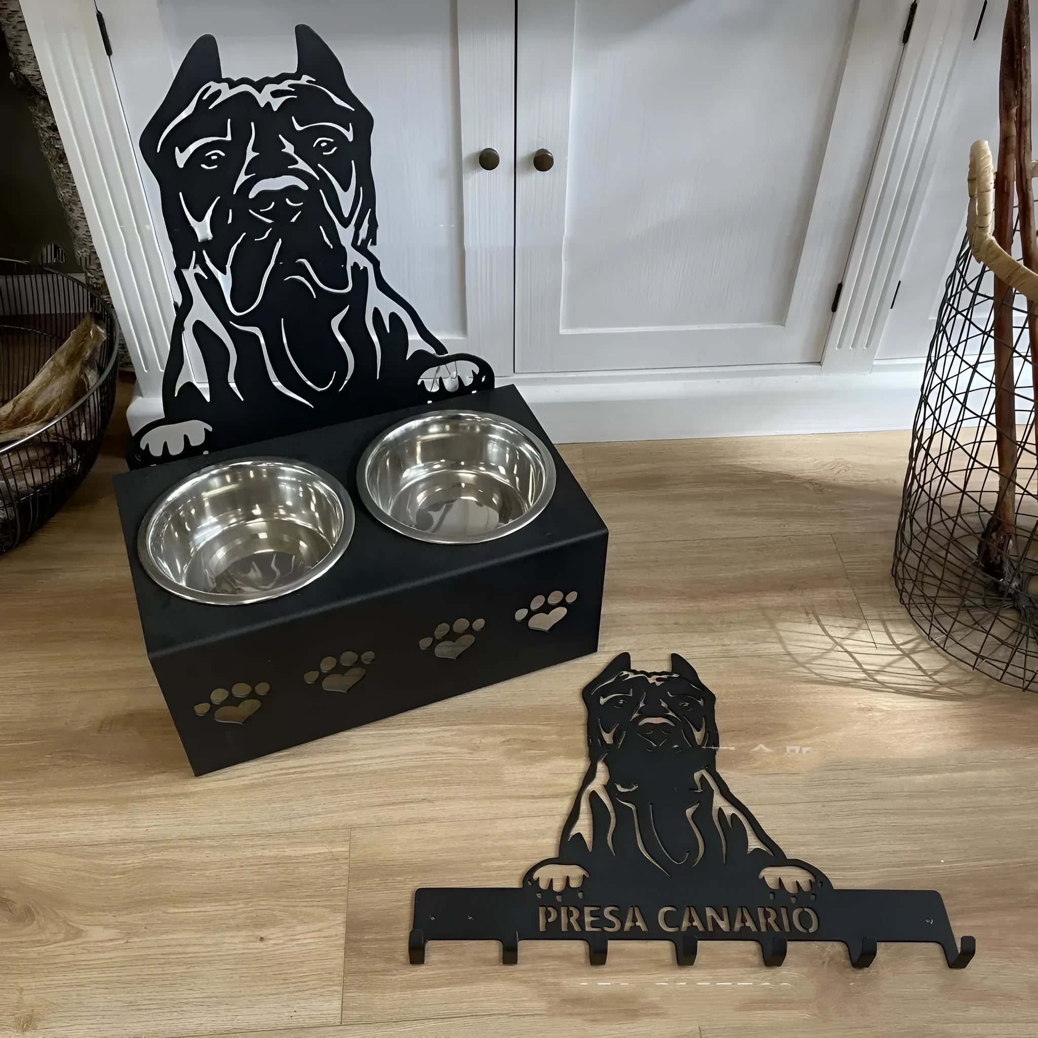 Personalised dog food bowl holder with custom name on iron stand and stainless steel bowl