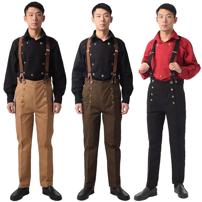Men's retro high waist double breasted casual straight pants in black with braces