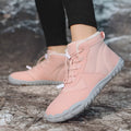 Outdoor snow boots in black, pink, or khaki with front lace-up, round toe, and low heel.
