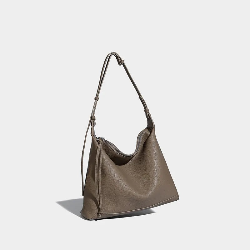 Large capacity soft PU leather messenger bag in caramel and elephant grey colours showing 36cm dimensions