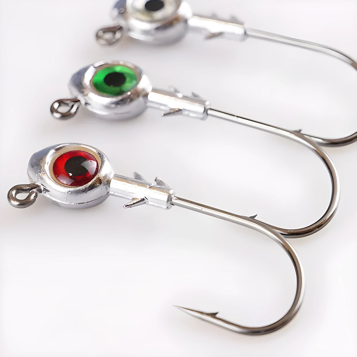 Cambrian Big Eye Fish Head Jig Hook in 10g weight with white eyes on dark background