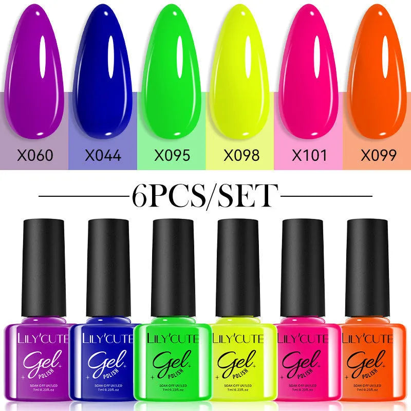 Set of twenty bottles of UV gel nail polish in solid and glitter colours for nail art.