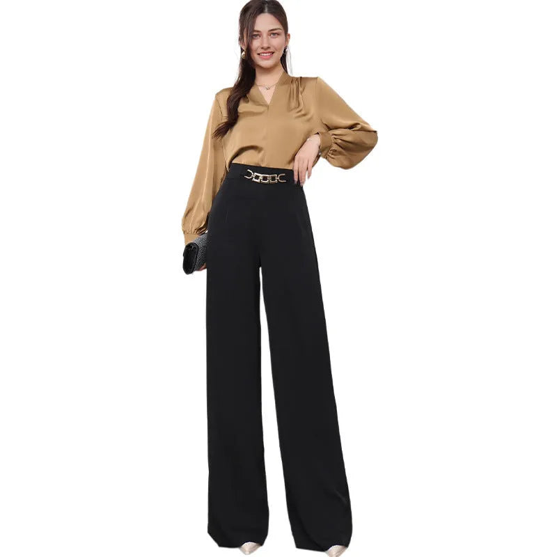 Solid colour drape wide leg pants for women in straight-leg polyester fabric with micro elastic waistband
