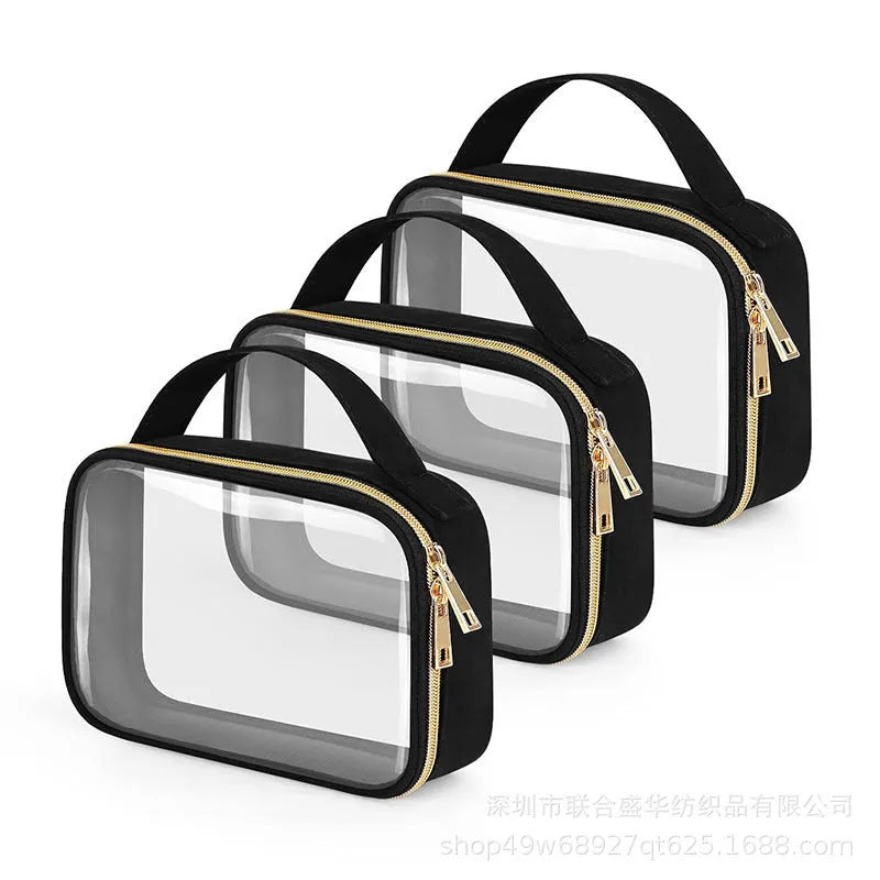 Transparent PVC makeup wash bag with detachable chain for lipstick storage in multiple colours