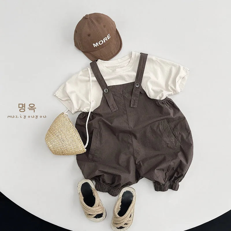 Children's short-sleeve cotton T-shirt in apricot and gray, loose casual fit, suitable for 80-130cm height kids