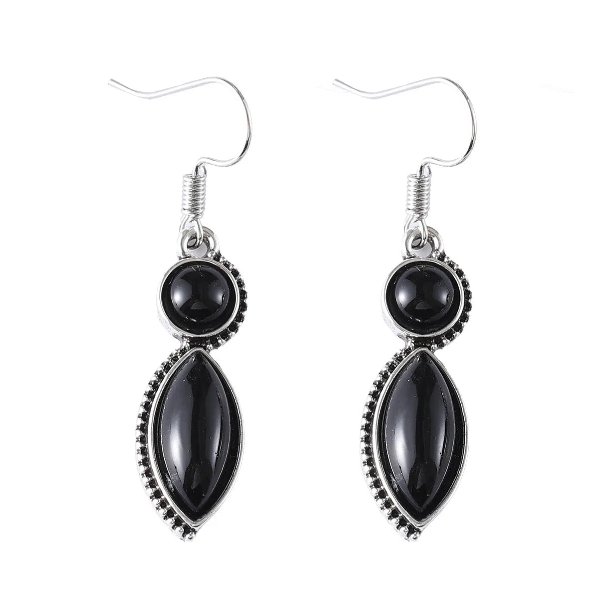 A pair of vintage geometric pendant earrings in black and purple with a round detail, made from zinc alloy.