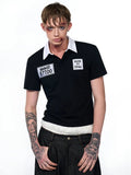 Black slim fit men's polo shirt with embroidery design and short sleeves