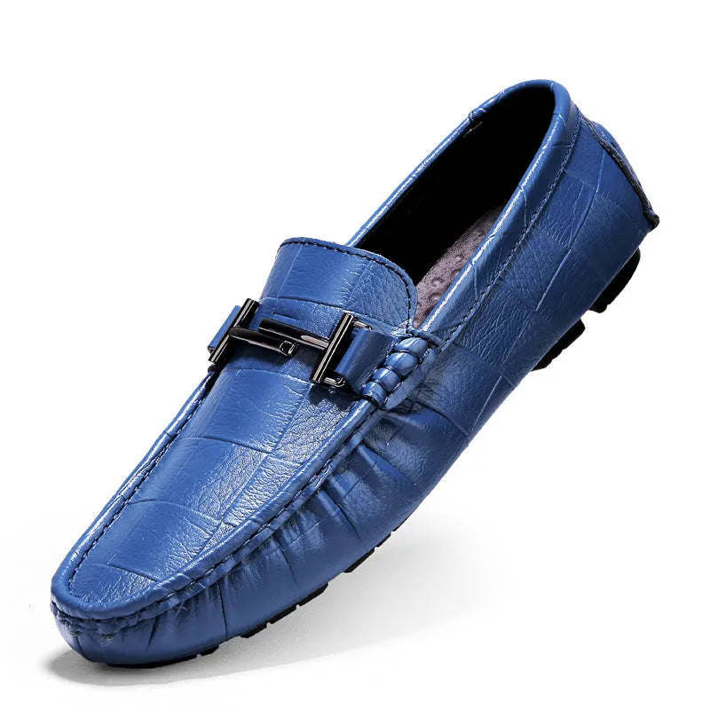 Men's casual leather shoes with belt buckle detail on cowhide upper with flat rubber sole