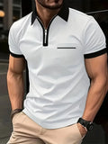 Men's loose fit short sleeve casual shirt with chest pocket and zipper detail in a two-tone colour.