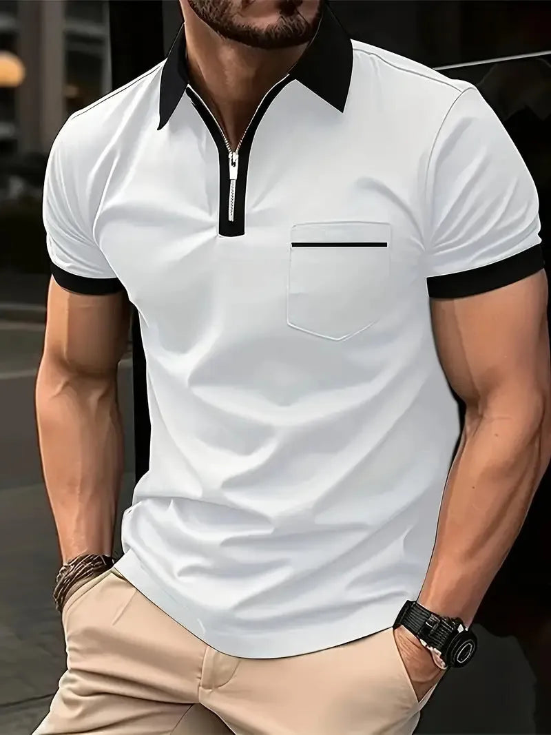 Men's loose fit short sleeve casual shirt with chest pocket and zipper detail in a two-tone colour.