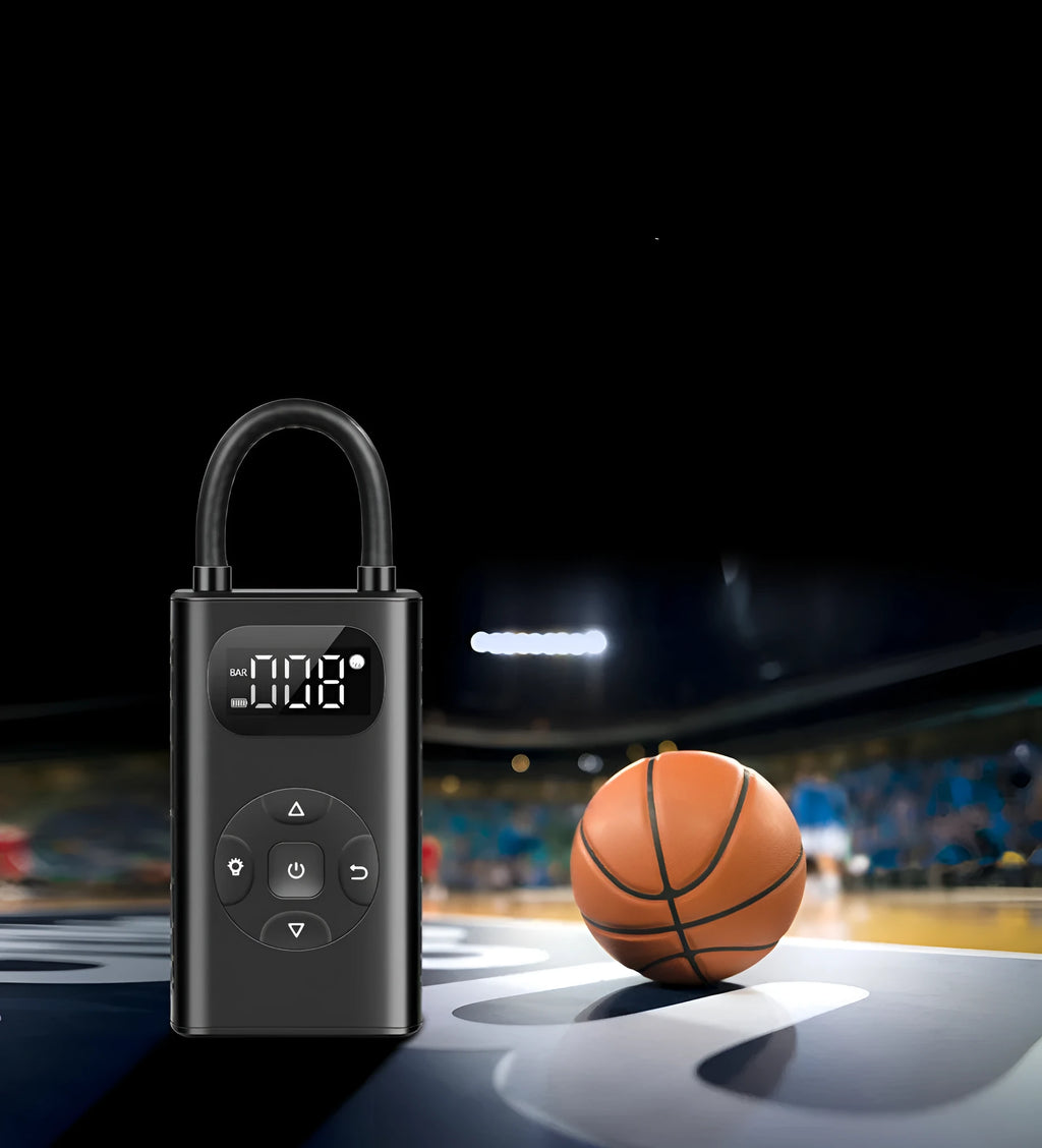 Black aviation aluminium USB rechargeable tyre inflator with digital display and flexible hose.
