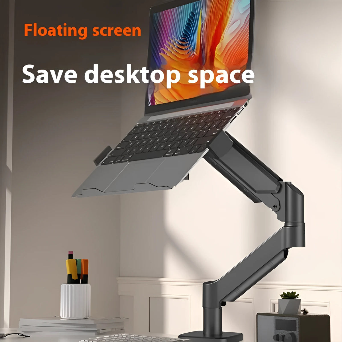Aluminium alloy laptop support bracket with suspended cooling design and height adjustment 440x330mm on a desktop
