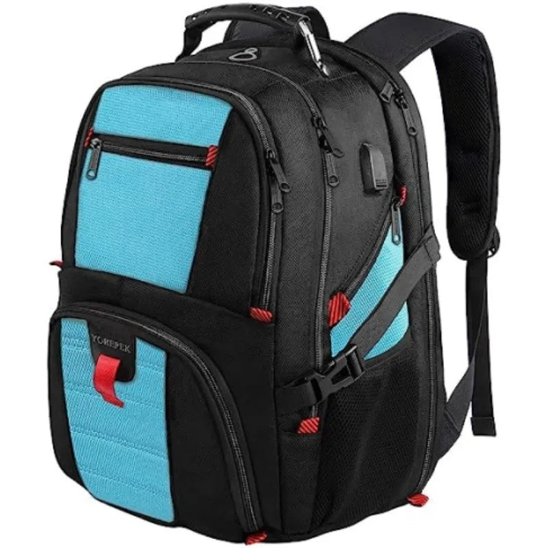 Large black waterproof Oxford cloth USB backpack with curved shoulder straps, shown open.
