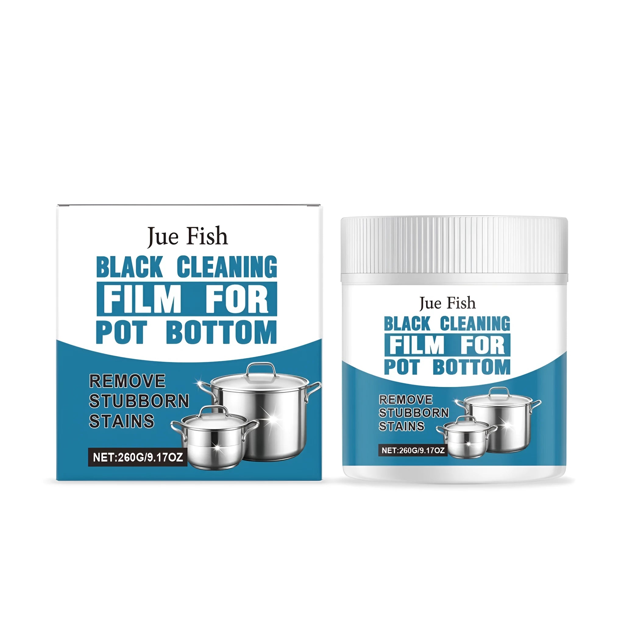Black cleaning paste in a plastic tub for removing burnt food from pot and pan bottoms.
