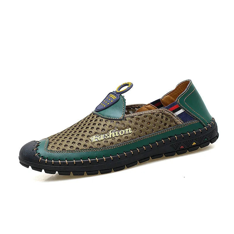 Men's casual mesh shoes with round toe and rubber sole in brown, dark blue, or dark green