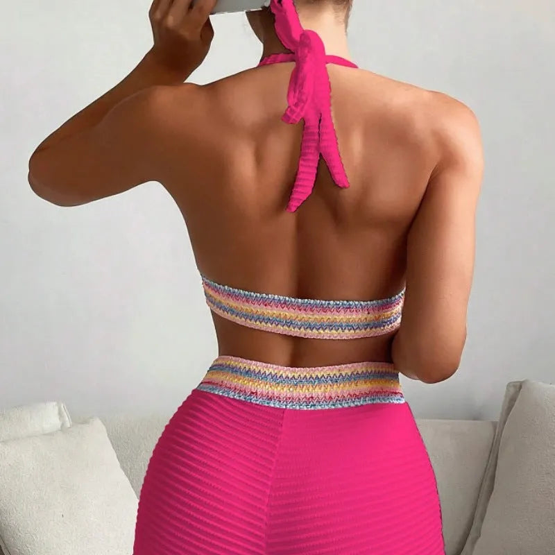 Women's high waist bikini swimsuit in multiple colours with striped and solid patterns