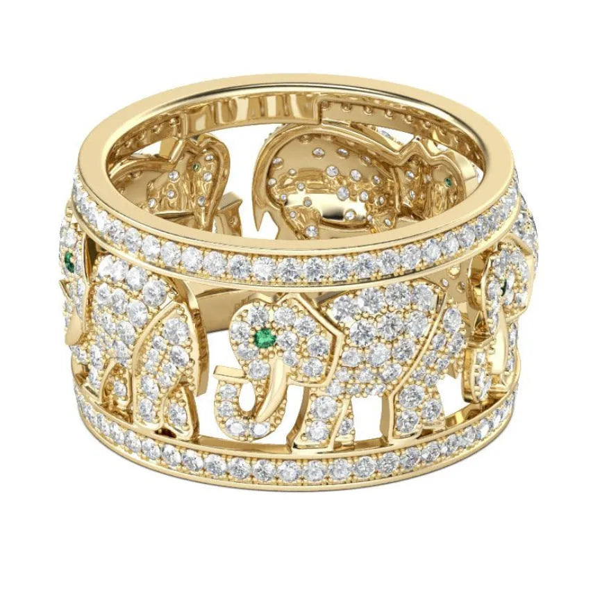Creative full diamond elephant design fashion ring in electroplated alloy on a hand.