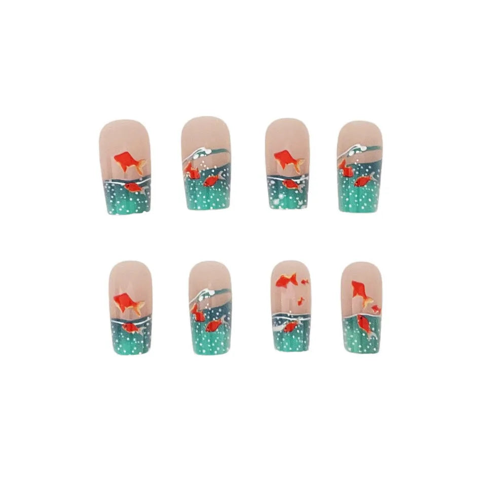 24-piece removable mid-square fake nail set with small goldfish pattern in Blue Glaze Jelly Glue style