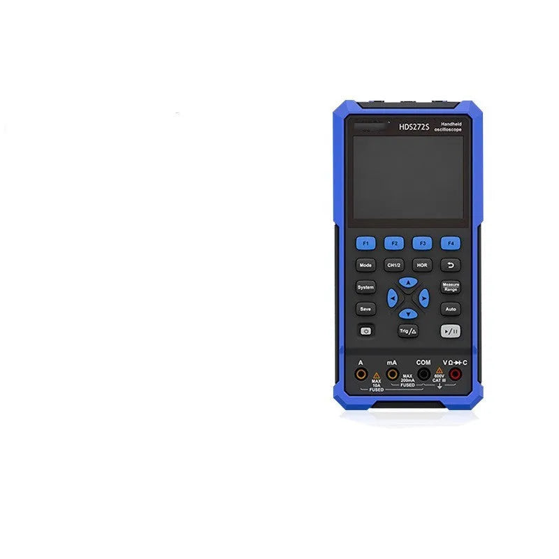 Owon HDS272 handheld digital oscilloscope with probe on black background