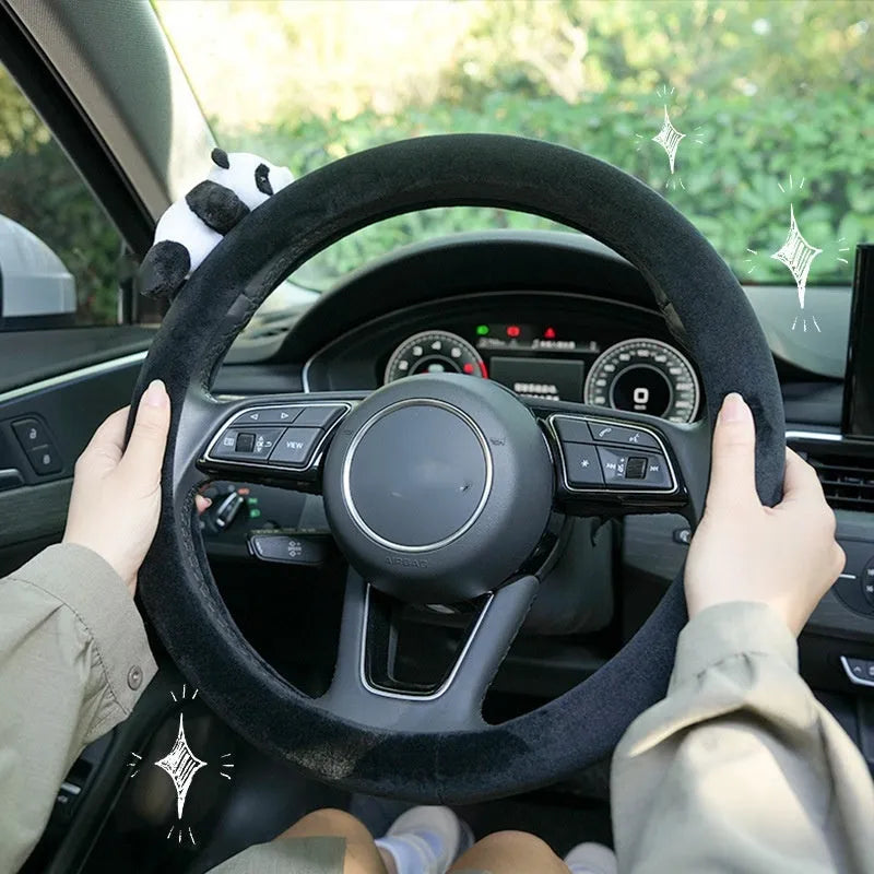 Black plush panda bear steering wheel cover and matching shoulder pad for cars