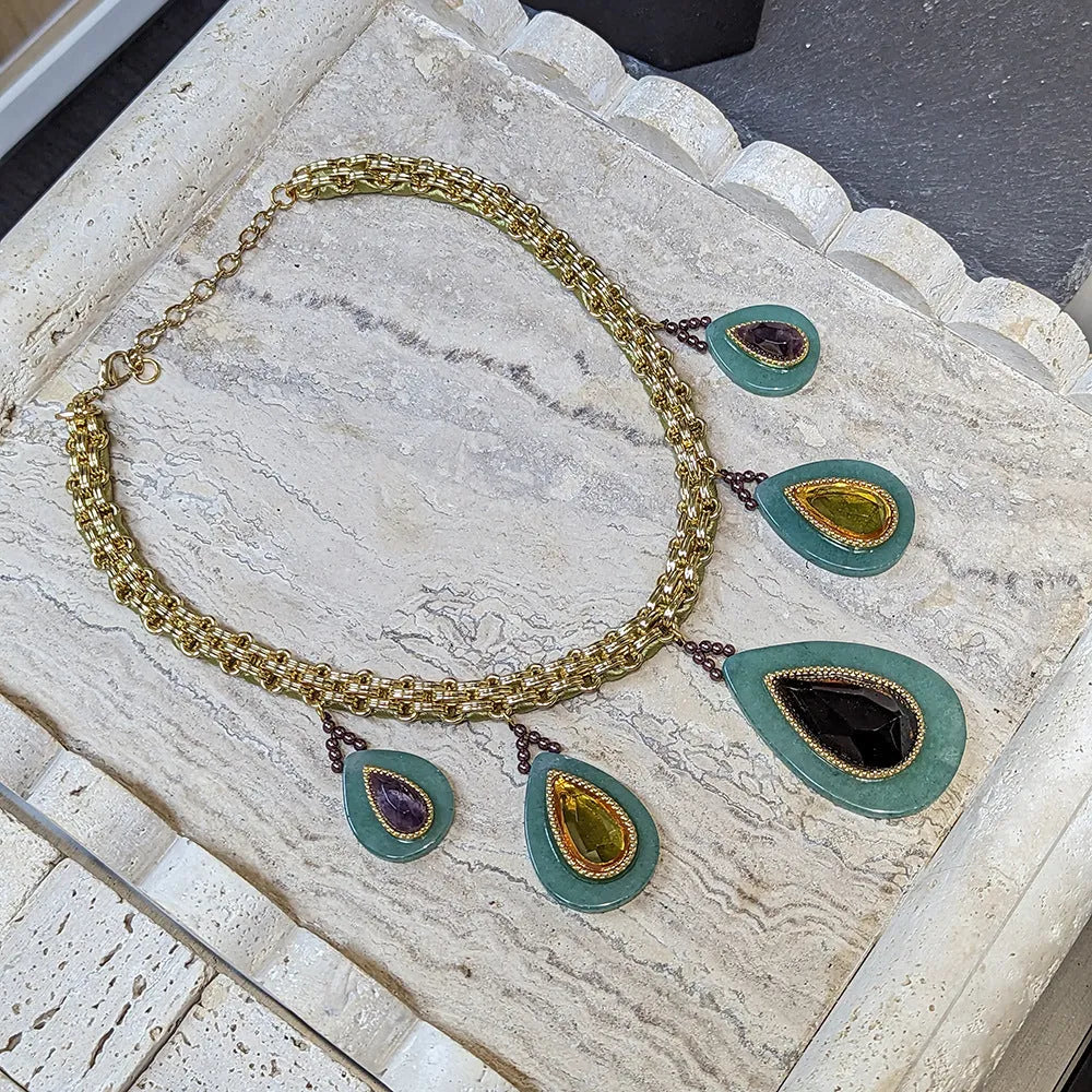 Peacock green agate water drop pendant necklace on heavy woven Cuban link chain with copper setting